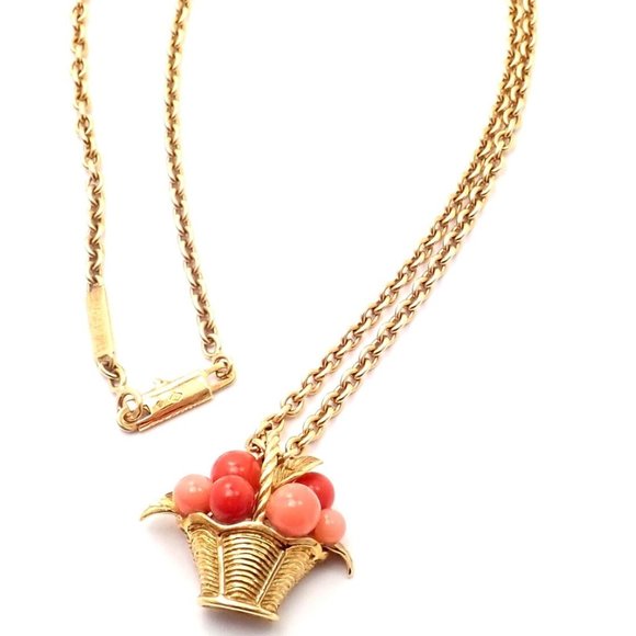 Authentic Van Cleef & Arpels 18k Gold Coral Bead Fruit Basket Pendant Necklace - Picture 6 of 14